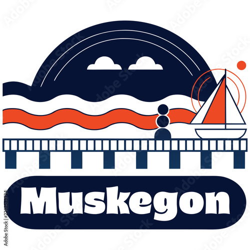 Muskegon Michigan Stylized Logo with Sailboat, Pier, Water, and Sun - Modern Flat Vector Illustration