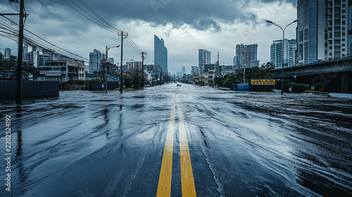 Catastrophic urban flood covering a major city street with deep muddy water under a dark gloomy storm sky with tall skyscrapers in the background illustrating climate disaster and extreme weather even