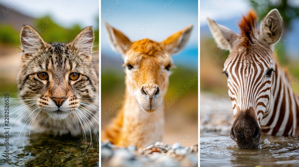 Obraz premium A captivating view showcasing three unique animals, a wildcat, a gazelle, and a zebra, highlighting the beauty and diversity of wildlife in their natural habitats.