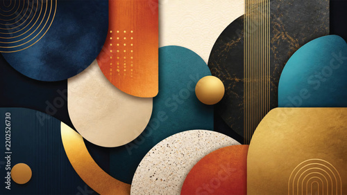 Luxury abstract background with golden circles and textured semi-circles.