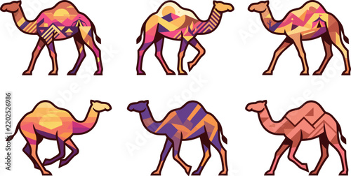 Bild auf Leinwand Geometric Camel Vector Silhouette Set with Desert Landscape Elements and Abstrac