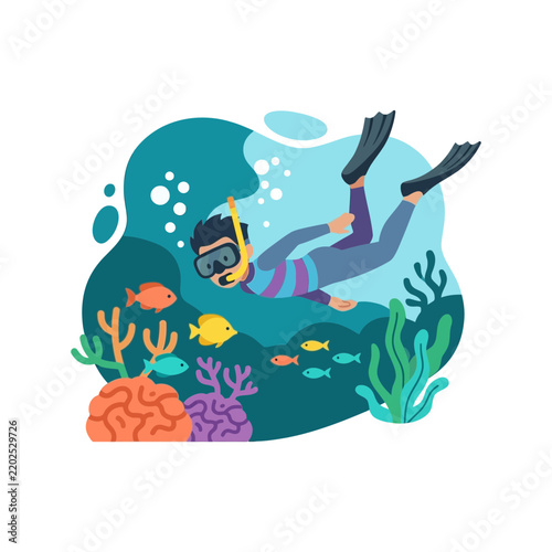 Flat Vector Illustration of a Person Snorkeling in a Colorful Coral Reef with Tropical Fish