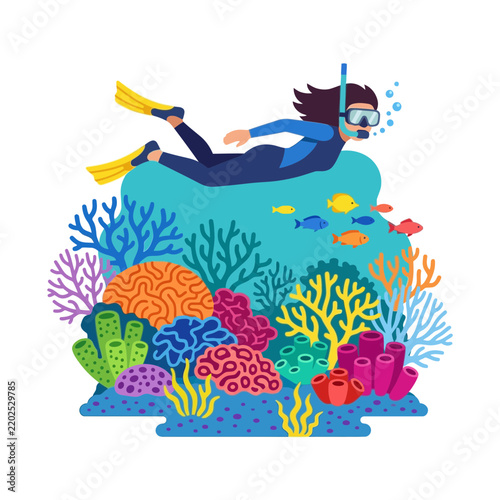 Flat Vector Illustration of a Woman Snorkeling Underwater with Colorful Coral Reef and Tropical Fish