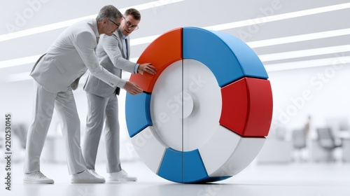 Two businessman collaborating on a circular chart. They are in a modern office space, working together to arrange the segments of the chart