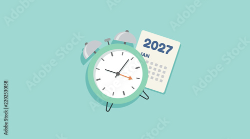 Mint green alarm clock next to a 2027 calendar page representing new year planning and scheduling