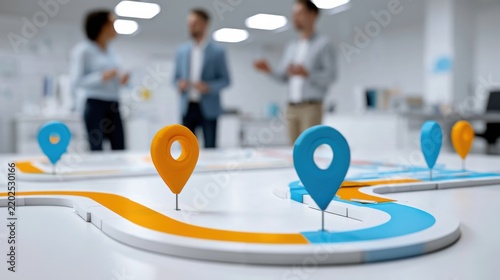 Business meeting with a roadmap and pins, representing strategy and planning in a modern office setting