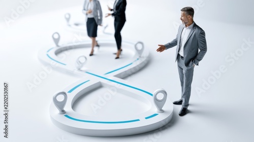 A businessman stands beside a winding path with location pins, while two people walk on it. The path is shaped like an infinity symbol.