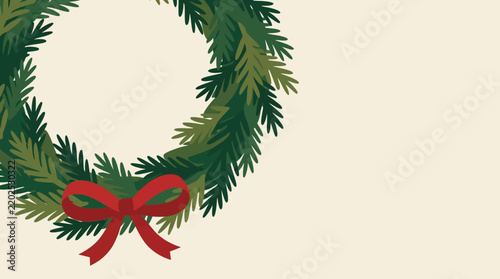 Minimalist green evergreen wreath with red ribbon bow for Christmas holiday season greeting