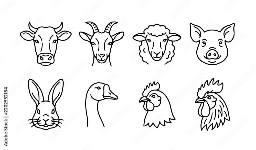 Obraz premium Farm Animal Face and Head Outline Icons Vector Collection