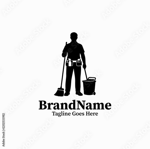 Janitorial Cleaner Vector Logo — Black Image Home & Office Cleaning Graphic Isolated on White Background