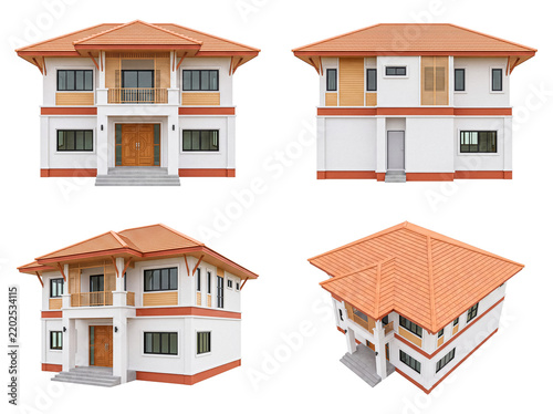 Modern two-story house with orange roof and wooden accents