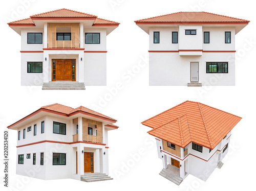 Modern two-story house with orange roof and wooden accents