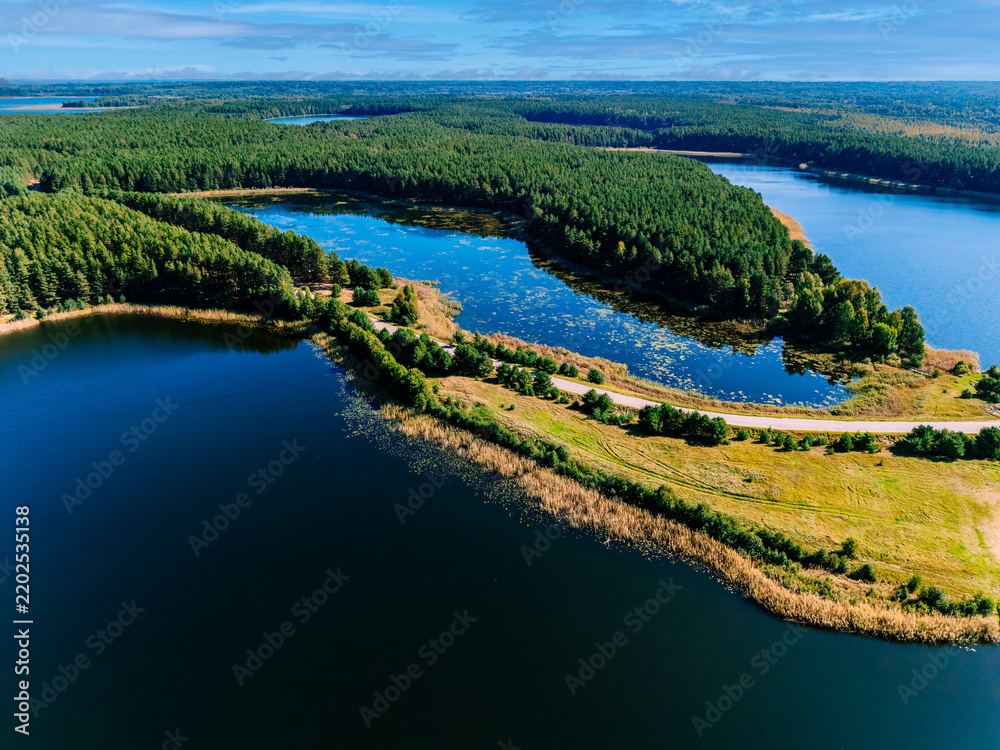 Obraz premium Aerial view of curving lakeside forest with tall trees and clear blue water in summer