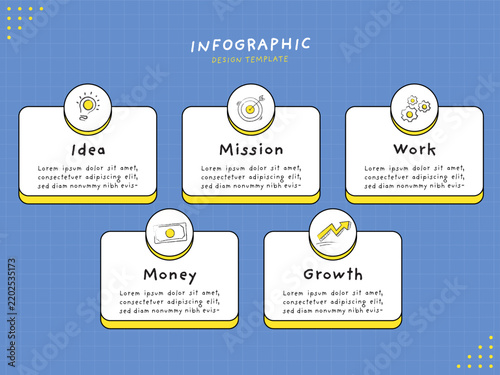 5 steps business infographic design template. Hand drawn doodle icons and white boxes with yellow shadow on blue grid background.