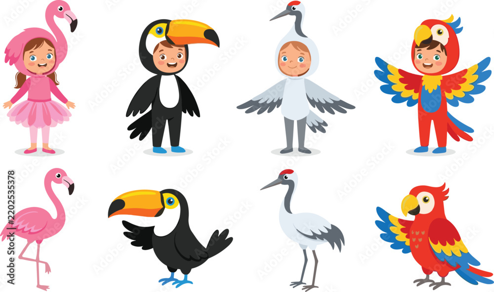 Obraz premium Cute Kids in Bird Costumes and Matching Cartoon Animals Vector Set with Flamingo Toucan Crane and Parrot for Children Party and School Play Designs