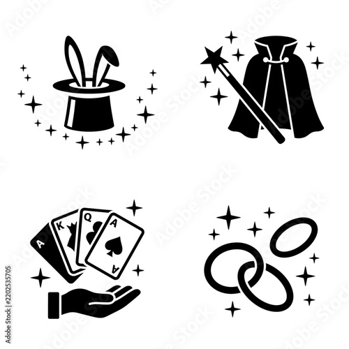 Fotografie Set of four black and white magic themed icons featuring a rabbit in a hat, wizard cloak, playing cards, and linked rings