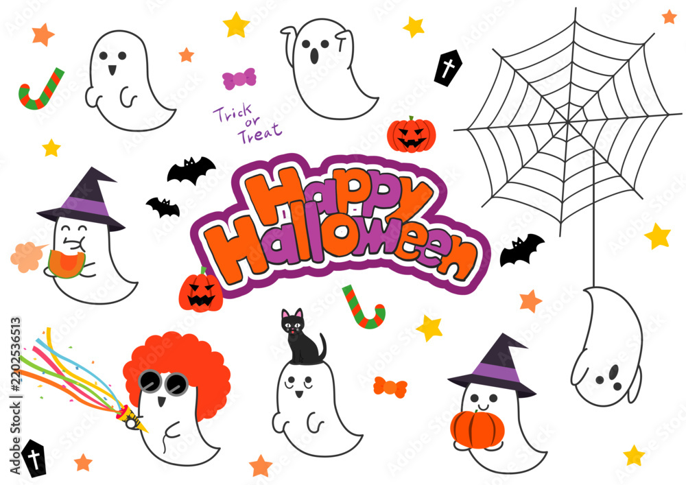 Fototapeta premium かわいいゴーストと仲間たちのハロウィンイラストセット