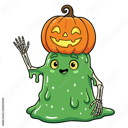 Cute kawaii Halloween green slime monster with skeleton arms and a jack-o'-lantern pumpkin on its head waving hand, isolated on a white background.