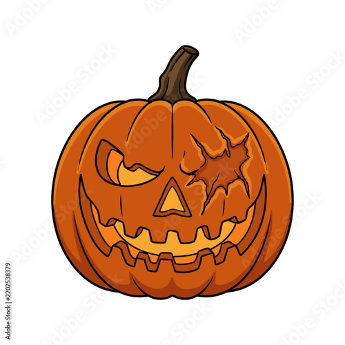 Scary Halloween jack-o'-lantern pumpkin with a cracked eye isolated on a white background, cartoon illustration.