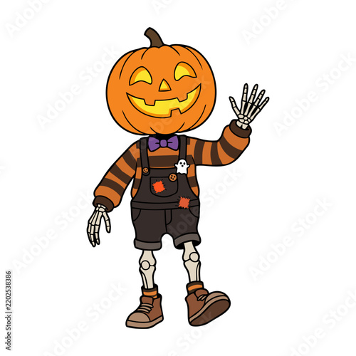 Cute cartoon Halloween skeleton character with a jack-o'-lantern pumpkin head waving hand, isolated on a white background.