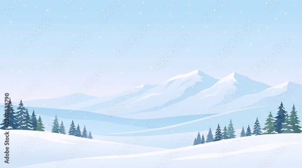 Fototapeta premium Snowy mountain landscape with pine forest in winter season during cold weather vector illustration