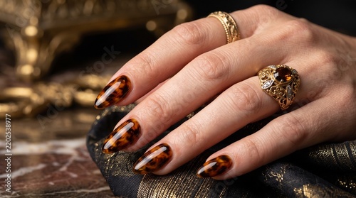 Tortoiseshell manicure showcased on a manicured hand adorned with elegant gold rings against a dark textured background highlighting luxury and style.