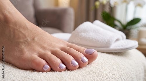 Relaxing pedicure presentation featuring soft purple polished toenails alongside plush white slippers in a bright and inviting luxury hotel spa room.