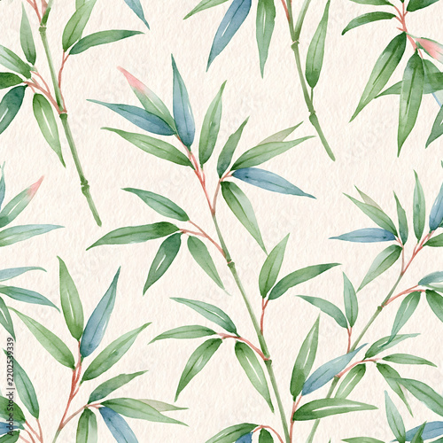 Watercolor bamboo leaves seamless pattern on textured paper background