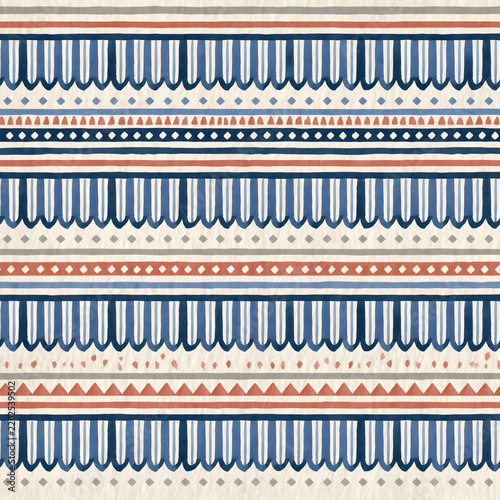 Hand drawn seamless striped pattern with scallops and diamonds in blue and coral
