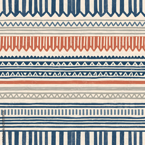 Hand drawn geometric tribal stripes pattern in blue and coral
