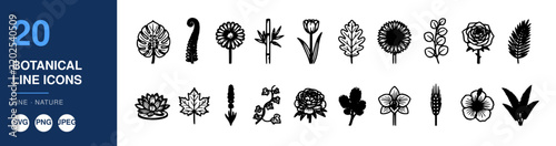 Botanical Icons Set, Line Art Nature Elements, Minimalist Design, Plant Illustrations, Decorative Icons