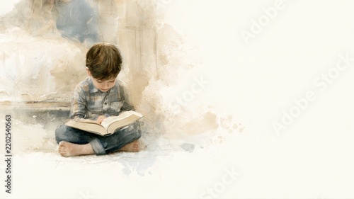 Young Child Reading Bible in Peaceful Bedroom, Contemporary Christian Family Watercolor Illustration