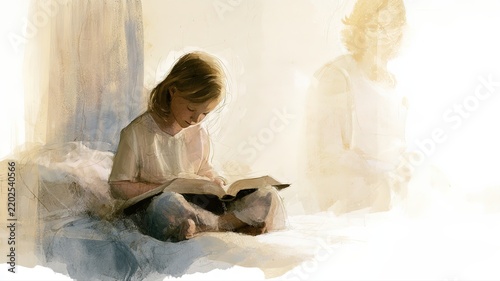 Child Reading Bible Quietly on Bed, Parent Watching in Background, Watercolor Christian Family Illustration