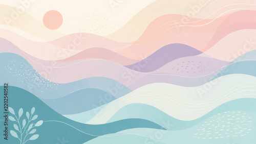 Minimalist landscape illustration with soft pastel rolling hills and sun.
