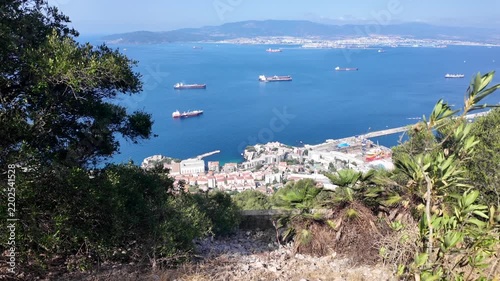 Aerial view of cargo ships anchored in the Bay of Gibraltar
