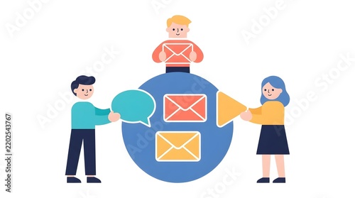 Global communication and social media marketing concept with team sharing messages, speech bubble, and media icons vector illustration