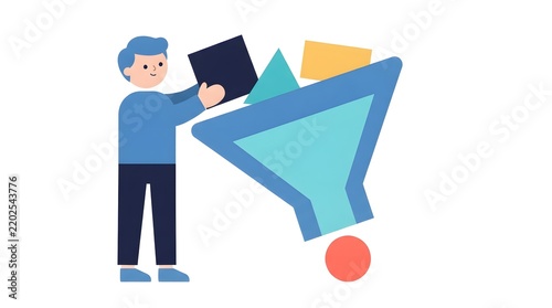 Data filtering and sales funnel processing concept with man putting geometric blocks into big funnel vector illustration