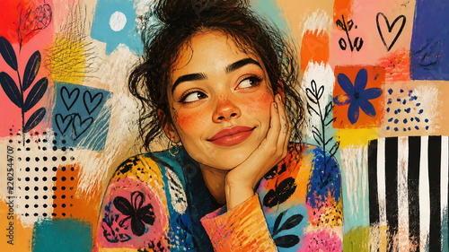 Young woman portrait against a hand painted colorful artistic background.