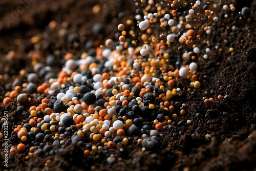 Granular NPK chemical fertilizer spilling onto dark fertile soil, macro close-up, soil nutrition concept and agricultural input background.