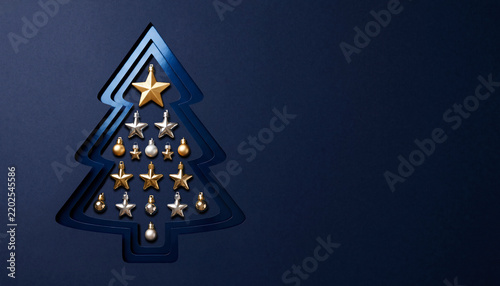 Flat festive design with a Christmas tree with gold balls and stars ornaments.