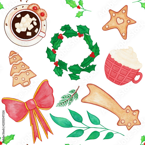 Seamless winter holiday elements pattern with cups, foliage, bows and gingerbread