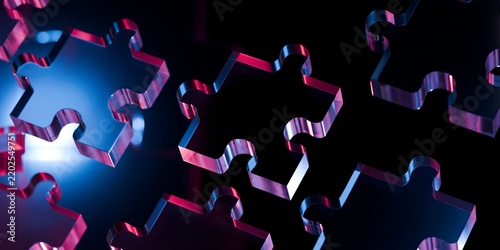3d glossy glass puzzle pieces abstract background. integration concept for technology advertising and banner design. blue and pink 3d render.