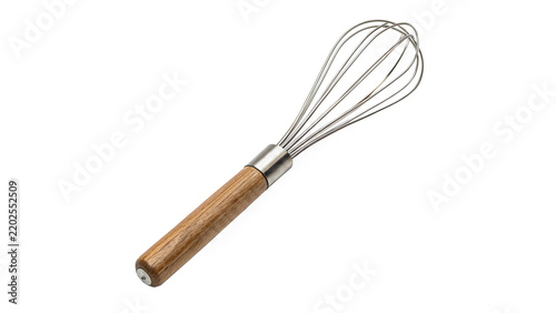 Metal wire whisk kitchen mixer tool with wooden handle on transparent background