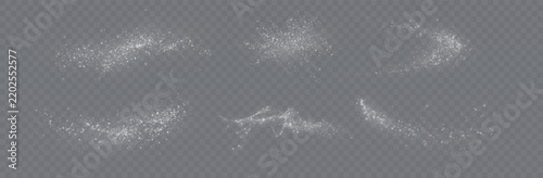 Set of white glitter dust overlays. Sparkling particle clouds on transparent background. Magic light effects