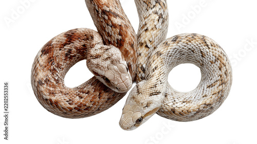 Two coiled corn snakes with contrasting morph patterns isolated on transparent background