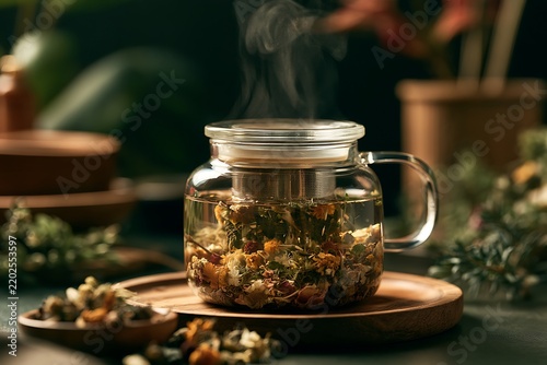 Glass tea infuser steeping medicinal herb blend in hot water with rising steam, serene wellness atmosphere and herbal tea concept.