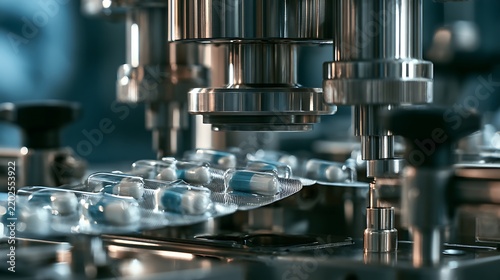 High-speed industrial pharmaceutical packaging machine sealing pills into foil blister packs inside a sterile factory, manufacturing and production concept.