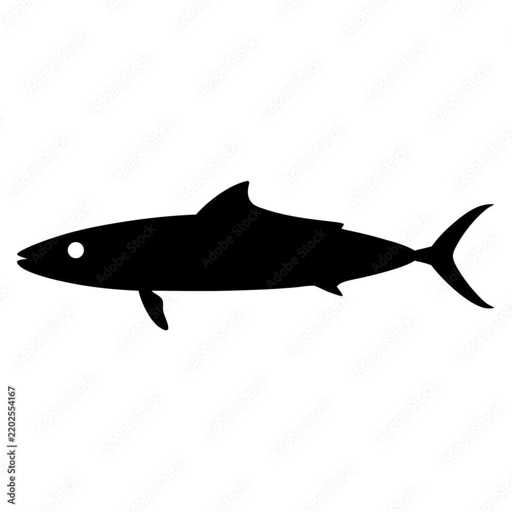 Obraz premium Black silhouette of a tuna fish swimming - A sleek black silhouette vector of a tuna fish swimming gracefully, ideal for marine, sport fishing, or underwater-themed projects.