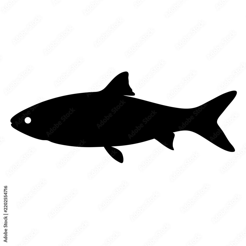 Obraz premium Black fish silhouette swimming - Simple black silhouette of a fish swimming, minimalist design for clean and versatile use in graphics and illustrations.
