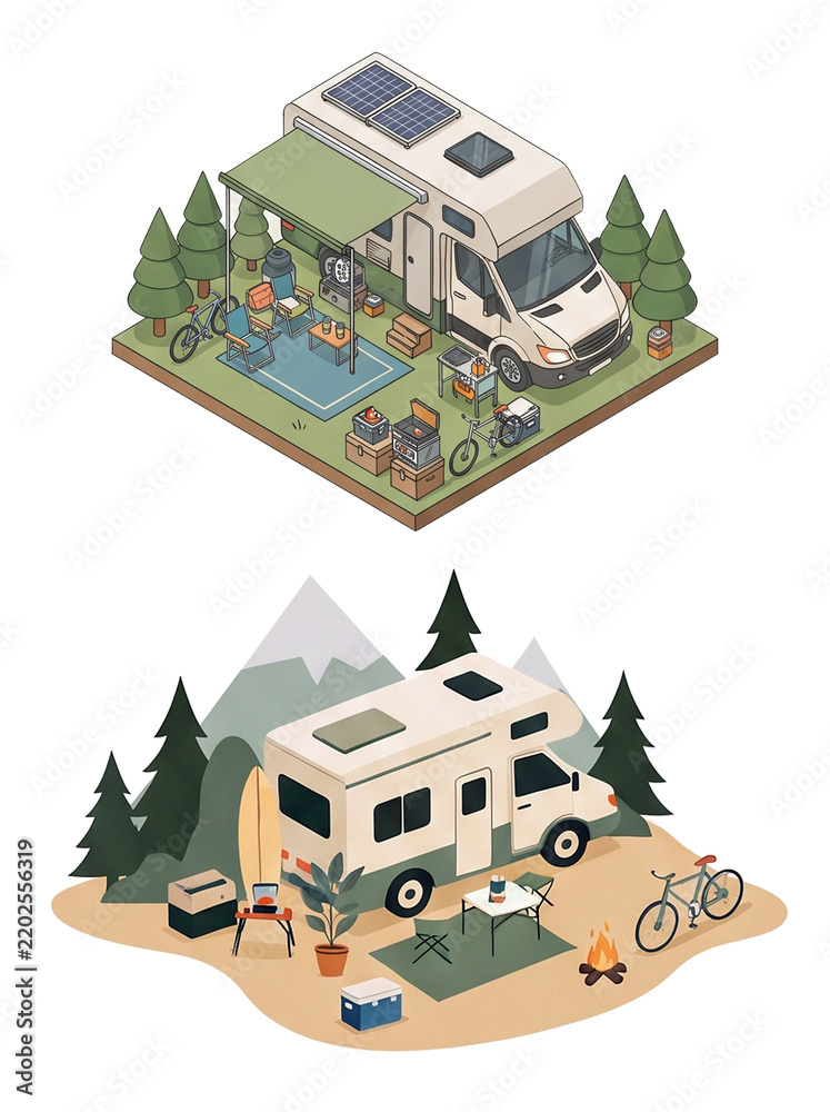 Obraz premium RV Campsite Illustration Set - Isometric and Flat Vector Motorhome Camping Scenes with Trees, Bikes and Gear